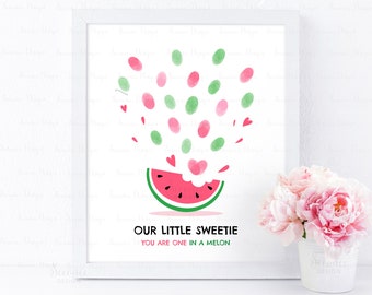 INSTANT DOWNLOAD Editable Watermelon Fingerprint Guestbook Alternative, One in a Melon Thumbprint Poster Sign, Two Sweet Birthday Decor Gift