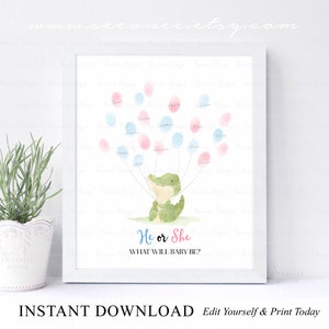 INSTANT DOWNLOAD Editable Alligator Gender Reveal Fingerprint Guestbook Alternative, Crocodile He or She Gender Guess Game, Baby Shower Gift