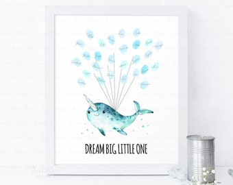 Narwhal Birthday Party Guestbook Alternative, Narwhal Fingerprint Guest Book Sign Printable, Whale Thumbprint Poster Gift INSTANT DOWNLOAD