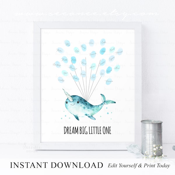 Narwhal Birthday Party Guestbook Alternative, Narwhal Fingerprint Guest Book Sign Printable, Whale Thumbprint Poster Gift INSTANT DOWNLOAD