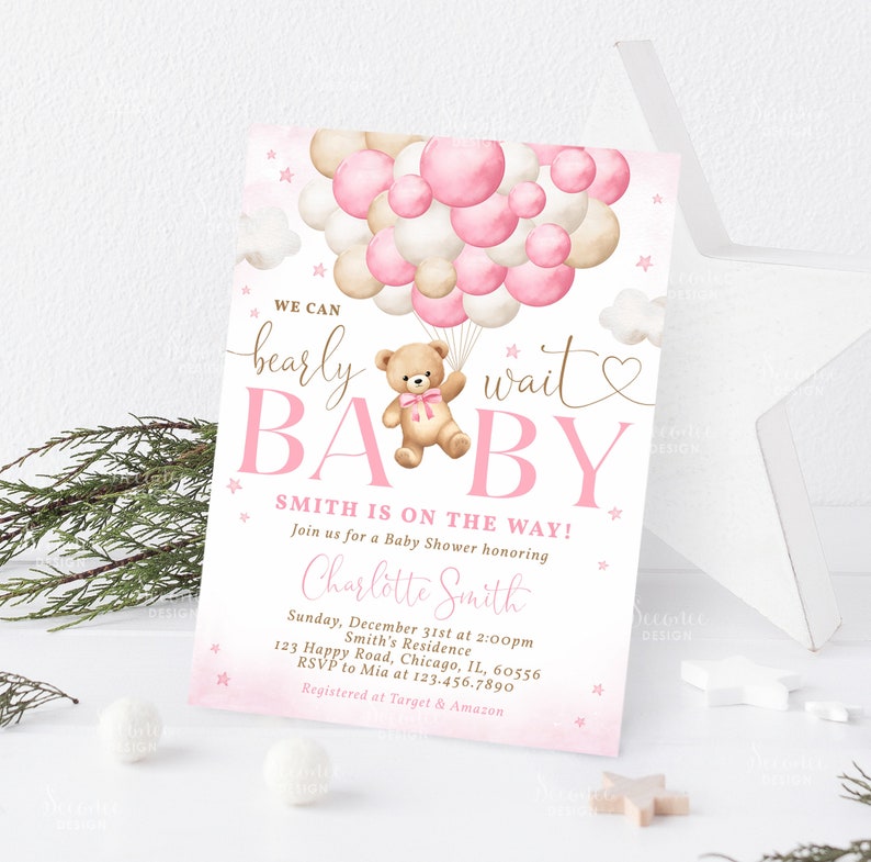 Editable Pink Teddy Bear Baby Shower Invitation, We Can Bearly Wait ...