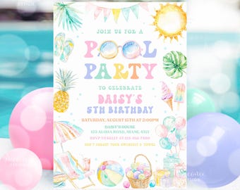 May include: A colorful invitation for a pool party to celebrate Daisy's 5th birthday. The invitation features a pool, sunglasses, a pineapple, a beach chair, a beach ball, and a sun. The text on the invitation reads "Join us for a Pool Party to celebrate Daisy's 5th Birthday. Saturday, August 15th at 2:00pm. Daisy's House 123 Aloha Road, Miami, 4321. RSVP to Kelly at 123-456-7890. Don't forget your swimsuit & towel."
