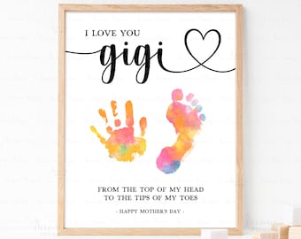 Presente de artesanato com pegada de pegada de dia das mães para impressão, impressão de mão de criança pequena, faça você mesmo, presente de impressão de mão para Gigi, presente de avó de dia das mães