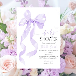 Lavender Bow Baby Shower Invitation Editable Coquette Violet Bow Baby Shower Invite, Minimalist Purple Bow Baby Shower Cards Template A2L1