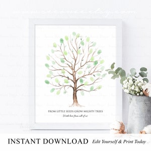 INSTANT DOWNLOAD Editable Green Watercolor Fingerprint Tree Guestbook Alternative, Thumbprint Tree Keepsake Poster Sign, Party Gift Ideas