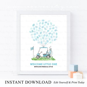 INSTANT DOWNLOAD bewerkbare jongen golf baby shower vingerafdruk gastenboek teken, blauwe golfkar baby shower vingerafdruk gastenboek, baby aandenken