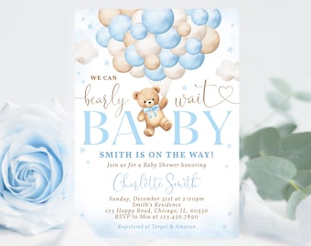 Editable Blue Teddy Bear Baby Shower Invitation, We Can Bearly Wait Baby Shower Invite, Bear Balloon Baby Shower Invitation Printable, A1A1