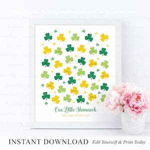 INSTANT DOWNLOAD Editable St. Patrick&#39;s Day Green Yellow Gold Shamrock Gender Reveal Guestbook Sign, Lucky Clover Irish Themed Party Ideas