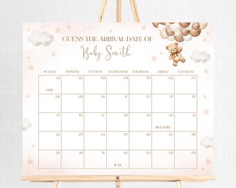 Bewerkbare bruine beer baby vervaldatum kalenderspel, beer genderneutraal we kunnen bearly wachten baby shower aankomstdatum kalender afdrukbaar, A1A2