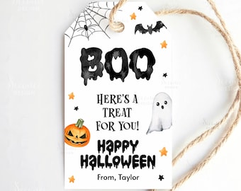 Redigerbar tagg för "Här är en godsak till dig" med "Bus or Treat"-motiv, utskrivbara etiketter för glad Halloween, utskrivbara läskiga Halloween-presentetiketter, Bus-or-treat-etiketter med "Bus or Treat"-motiv