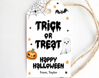 May include: A white Halloween gift tag with a spider web, bat, stars, pumpkin, and ghost illustrations. The tag reads "Trick or Treat" and "Happy Halloween" in black text. The tag is tied with a natural twine.