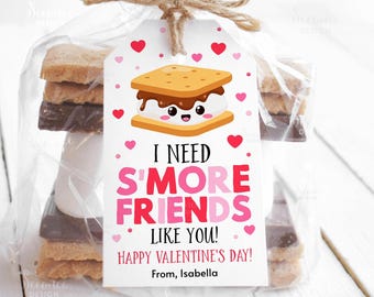 May include: A clear cellophane bag tied with twine, containing s'mores ingredients and a Valentine's Day gift tag. The tag features a cartoon s'more and the text "I NEED S'MORE FRIENDS LIKE YOU! HAPPY VALENTINE'S DAY!"