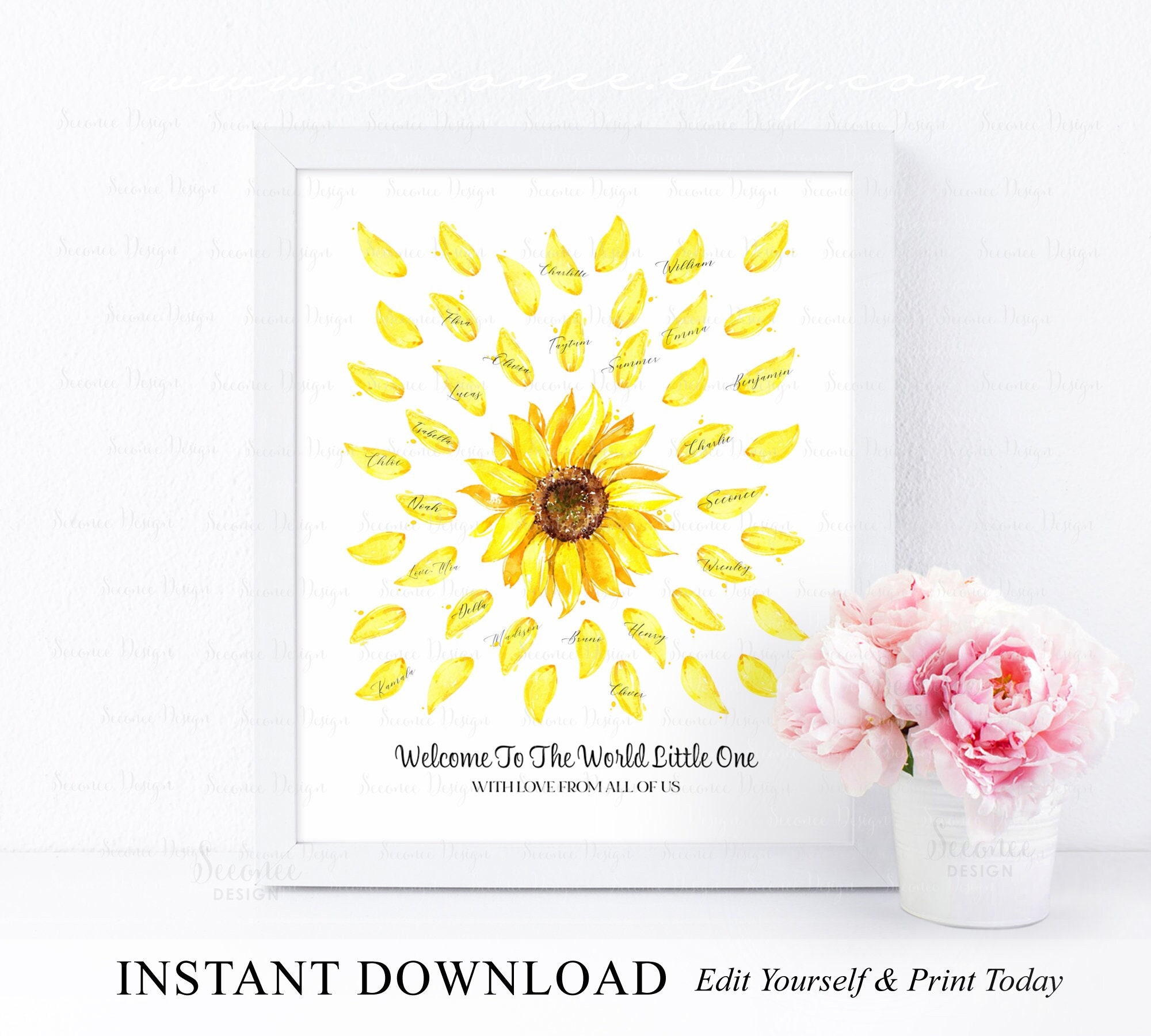 Sunflower Signature INSTANT DOWNLOAD Editable Sunflower Baby Shower Signature Guestbook ...