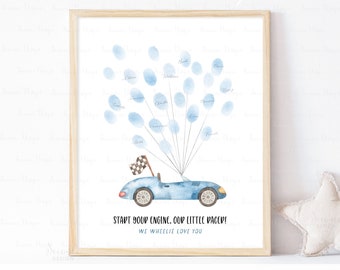 INSTANT DOWNLOAD Editable Blue Race Car Birthday Thumbprint Guestbook Alternative, Racing Car Party Fingerprint Balloon, Race On Over Party