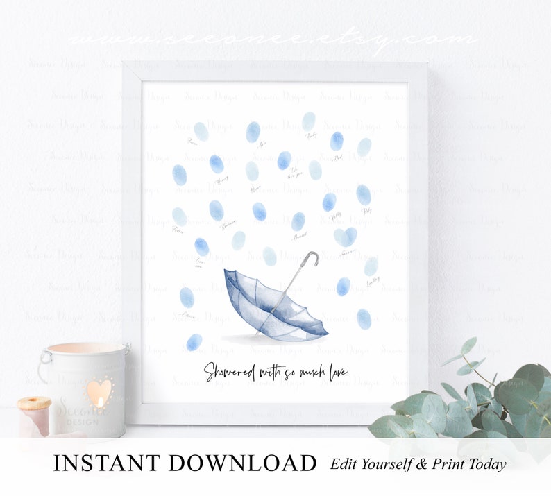 INSTANT DOWNLOAD Editable Navy Umbrella Fingerprint Guestbook, Showered With Love Thumbprint Sign Poster Gift, Bridal Shower Guest Book Gift image 7