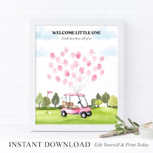 NATYCHMIASTOWE POBIERANIE Edytowalny Let's Par Tee Golf Baby Shower Księga Gości z Odciskiem Kciuka Różowy Golf Baby Shower Księga Gości z Odciskiem Kciuka Znak Prezent