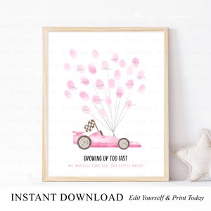 INSTANT DOWNLOAD Editable Pink Race Car Birthday Guestbook Alternative, Racing Car Party Ideas, Race On Over Fingerprint Balloon Guest Book