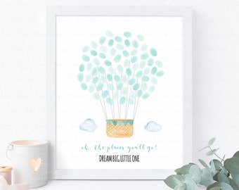 Editable Light Teal Hot Air Balloon Party Fingerprint Guestbook Poster, Oh The Places You'll Go Thumbprint Guest Book Sign, Instant Download
