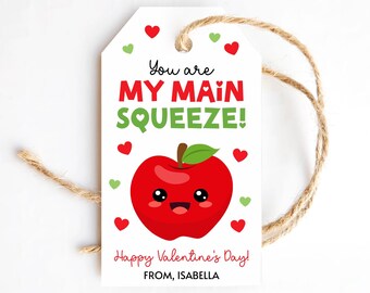 You're My Main Squeeze Valentine's Day Gift Tag Template Printable Cute Apple Valentine Tag Editable Applesauce Pouch Label Instant Download