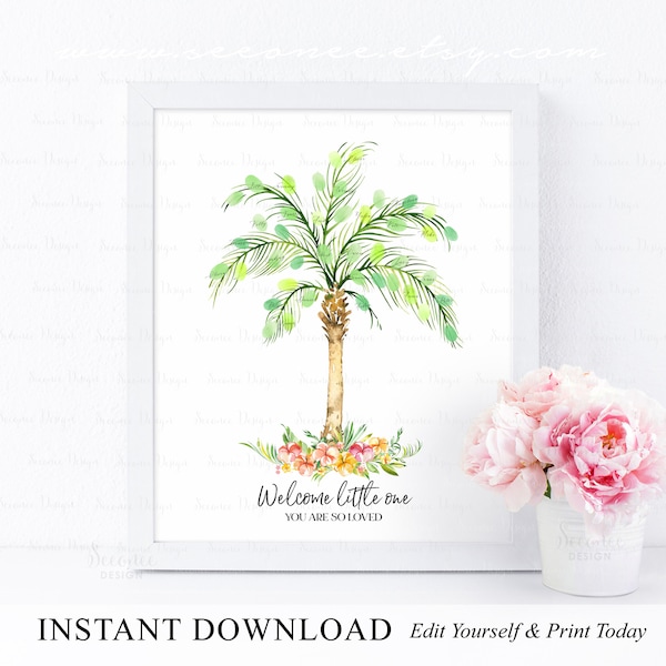 DESCARGA INSTANTE Editable Tropical Baby Shower Palm Tree Fingerprint Guestbook Alternative, Hawaiian Baby Shower Thumbprint Tree Keepsake