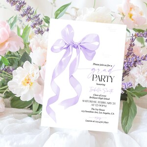 May include: A graduation party invitation featuring a light purple ribbon bow. The invitation includes the text "grad PARTY" and details for Isabelle Smith's graduation from Brilliant High School. The invitation is surrounded by flowers.