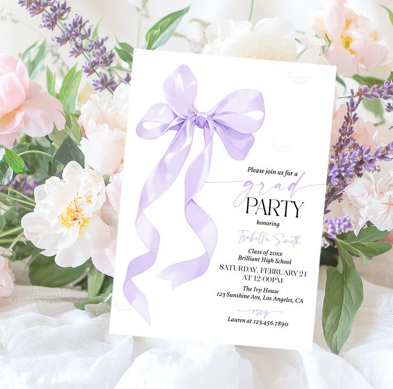 May include: A graduation party invitation featuring a light purple ribbon bow. The invitation includes the text "grad PARTY" and details for Isabelle Smith's graduation from Brilliant High School. The invitation is surrounded by flowers.