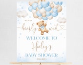Editable Blue Bear Balloon Baby Shower Welcome Sign, We Can Bearly Wait Baby Shower Poster, Blue Boy Boho Bear Baby Shower Decor Sign, A1A1