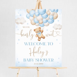 Bearbeitbares blaues Bärn-Ballon-Babyparty-Willkommensschild, Wir können Bärenbabyparty-Plakat warten, blauer Junge Boho Bär-Babyparty-Dekorschild, A1A1
