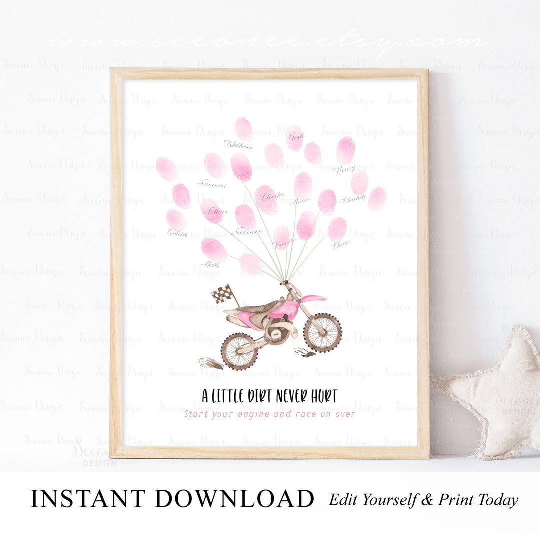 INSTANT DOWNLOAD Editable Pink Dirt Bike Birthday Fingerprint Guestbook ...