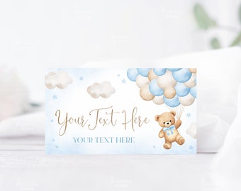 May include: Blue and brown teddy bear holding balloons with stars and clouds on a light blue background. The text "Your Text Here" and "YOUR TEXT HERE" is on the card.