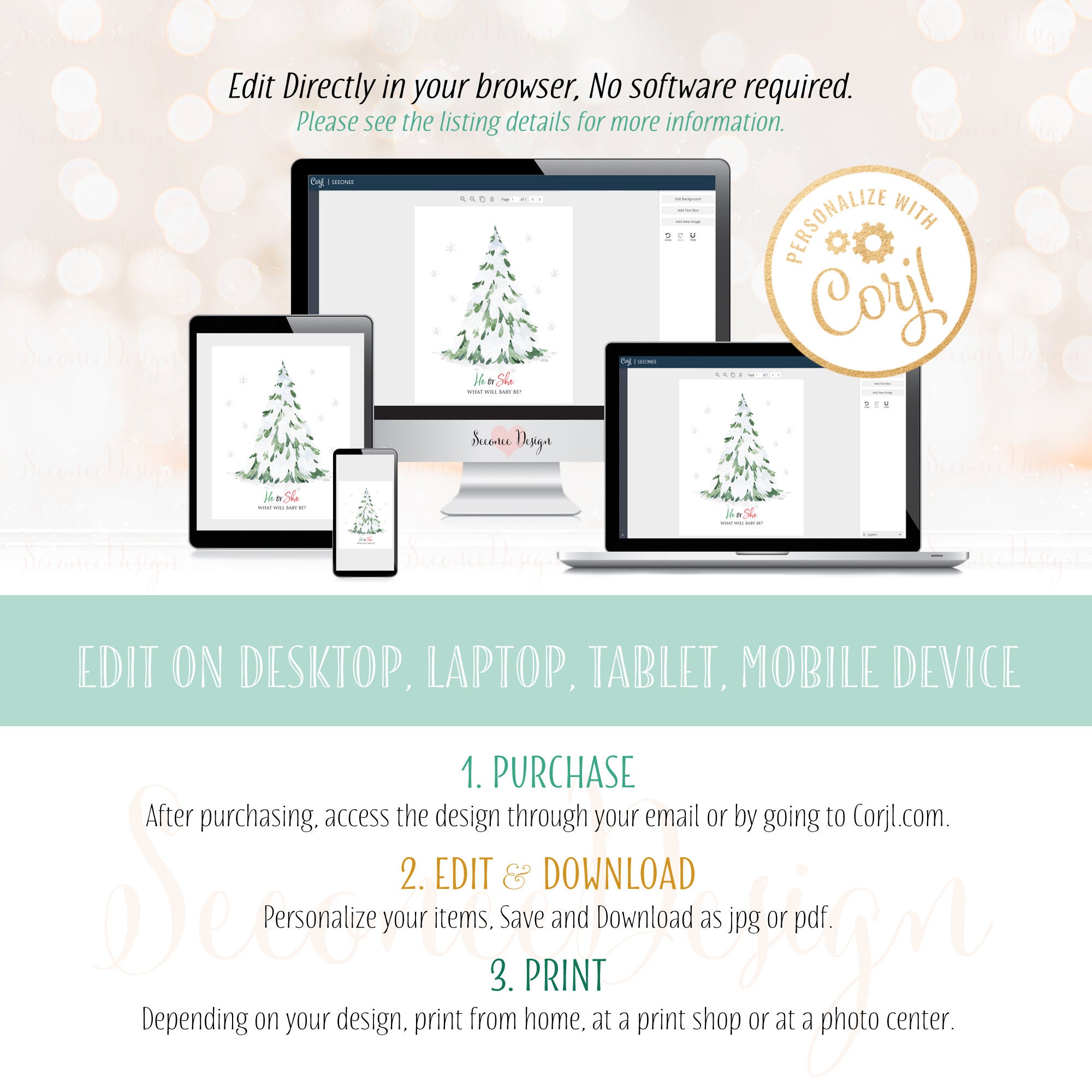 INSTANT DOWNLOAD Editable Holiday Winter He or She Gender Reveal ...