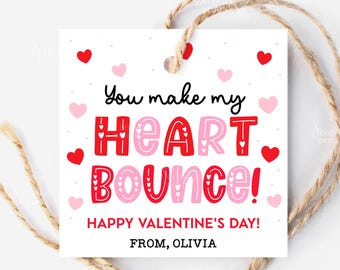 Bouncy Ball Valentine Gift Tags, You Make My Heart Bounce Favor Label, Valentines Preschool Classroom Kids Non-Candy Valentine Tag Printable