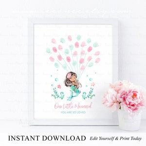 INSTANT DOWNLOAD Editable Mermaid Thumbprint Guest Book, Mermaid Party Gift Ideas, Mermaid Baby Shower Guestbook, Mermaid Birthday Keepsake