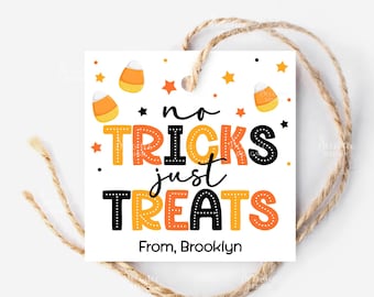 No Tricks Just Treats Halloween Tag, Trick Or Treat Candy Corn Gift Tag For Teacher School Classmate, Happy Halloween Favor Tag Printable
