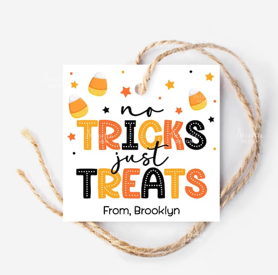 No Tricks Just Treats Halloween Tag, Trick Or Treat Candy Corn Gift Tag For Teacher School Classmate, Happy Halloween Favor Tag Printable