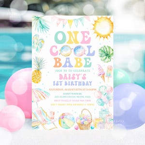 編集可能なクールなベイビーの1歳の誕生日パーティー招待状 トロピカルサマースプラッシュスプラッシュ1歳の誕生日プールパーティー招待状 即時ダウンロード PP01