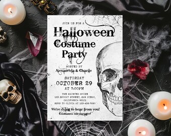 May include: A Halloween Costume Party invitation with a skull illustration and spiderweb design. The invitation includes event details: Saturday, October 29, at 7:00 PM, hosted by Alexandria & Charije. Costumes encouraged.