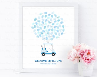 INSTANT DOWNLOAD Editable Let's Par-Tee Golf Baby Shower Thumbprint Guest Book Poster, Boy Blue Golf Baby Shower Fingerprint Guestbook Gift