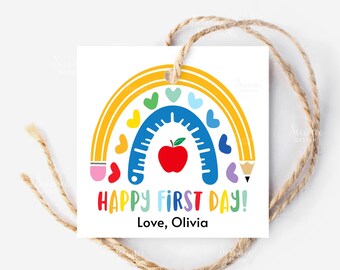 Etiqueta feliz del primer día de clases, etiqueta de regalo editable de regreso a la escuela, regalo del primer día de clases para estudiantes maestros, plantilla de etiquetas de favor en el aula