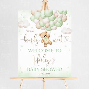 Bearbeitbares grünes Geschlecht Neutal Bär Ballon-Babyparty-Willkommensschild, Wir können Bären-Babyparty-Dekor-Zeichen warten, A1A7