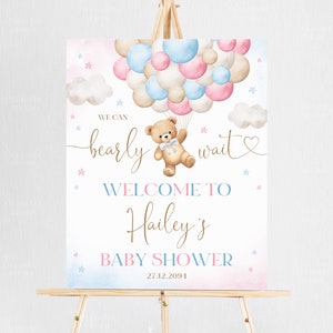 Bearbeitbares rosa blaues Bärn-Ballon-Babyparty-Willkommensschild, Wir können Bären-Babyparty-Willkommensschild-Poster des geschlechtsneutralen warten, A1A5