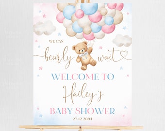Editable Pink Blue Bear Balloon Baby Shower Welcome Sign, We Can Bearly Wait Gender Neutral Teddy Bear Baby Shower Welcome Sign Poster, A1A5