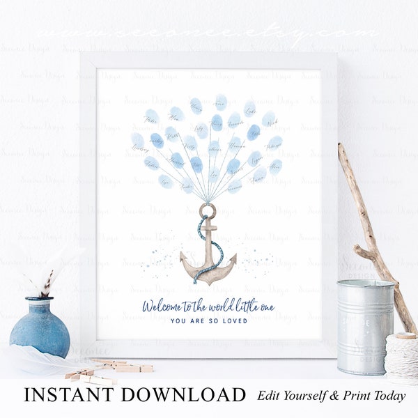 INSTANT DOWNLOAD Editable Nautical Anchor Baby Shower Party Fingerprint Guestbook Sign, Gender Neutal Baby Shower Thumbprint Guest Book Gift