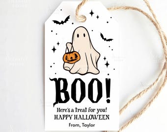 Redigerbar presentetikett för Glad Halloween-spöken, Bu, här är en godbit för dig-etikett, Bus-or-godis-presentetiketter, utskrivbar Halloween-uppskattningsetikett