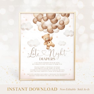 Gender Neutral Braun Teddybär Ballon Baby Shower Late Night Windeln Zeichen, Windel Gedanken Schilder Boho Bär Baby Shower Schild Printable A1A2
