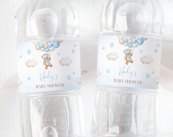 Bearbeitbarer blauer Teddybär-Ballon-Baby-Dusche-Party-Wasserflaschen-Label zum ausdrucken, Winter-Junge, den wir ärgerlich warten können, Baby-Dusche-Getränk-Etikett A1B1