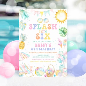 Bewerkbare Splash in Six 6e verjaardag uitnodiging zwembad feest zomer Splish Splash Bash uitnodiging zwembad feest afdrukbare Instant Download PP01