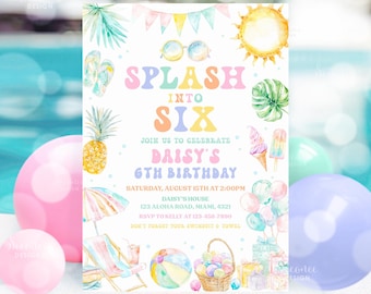 Editable Splash Into Six 6th Birthday Pool Party Invitation Summer Splish Splash Bash Pool Party Invitation Printable Instant Download PP01