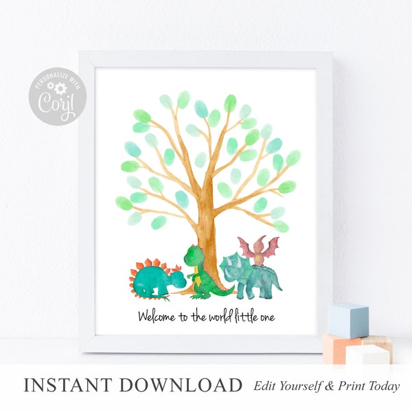 INSTANT DOWNLOAD Editable Dinosaur Fingerprint Tree guestbook, Baby Shower Guest Book Sign, Dino Thumbprint Poster Gift Ideas, Digital File