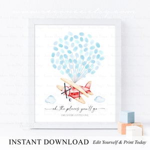 INSTANT DOWNLOAD Editable Oh, The Place You&#39;ll Go, Red Airplane Fingerprint Guest Book, Up Up And Away, Airplane Birthday Party Gift Ideas